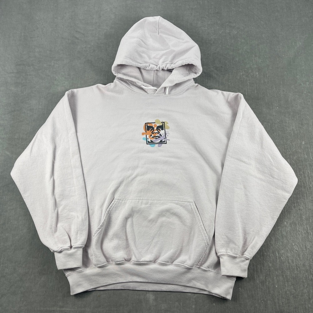 Obey Mens Large Lavender Gray Hoodie Graphic Andre Face Pullover Hoodie